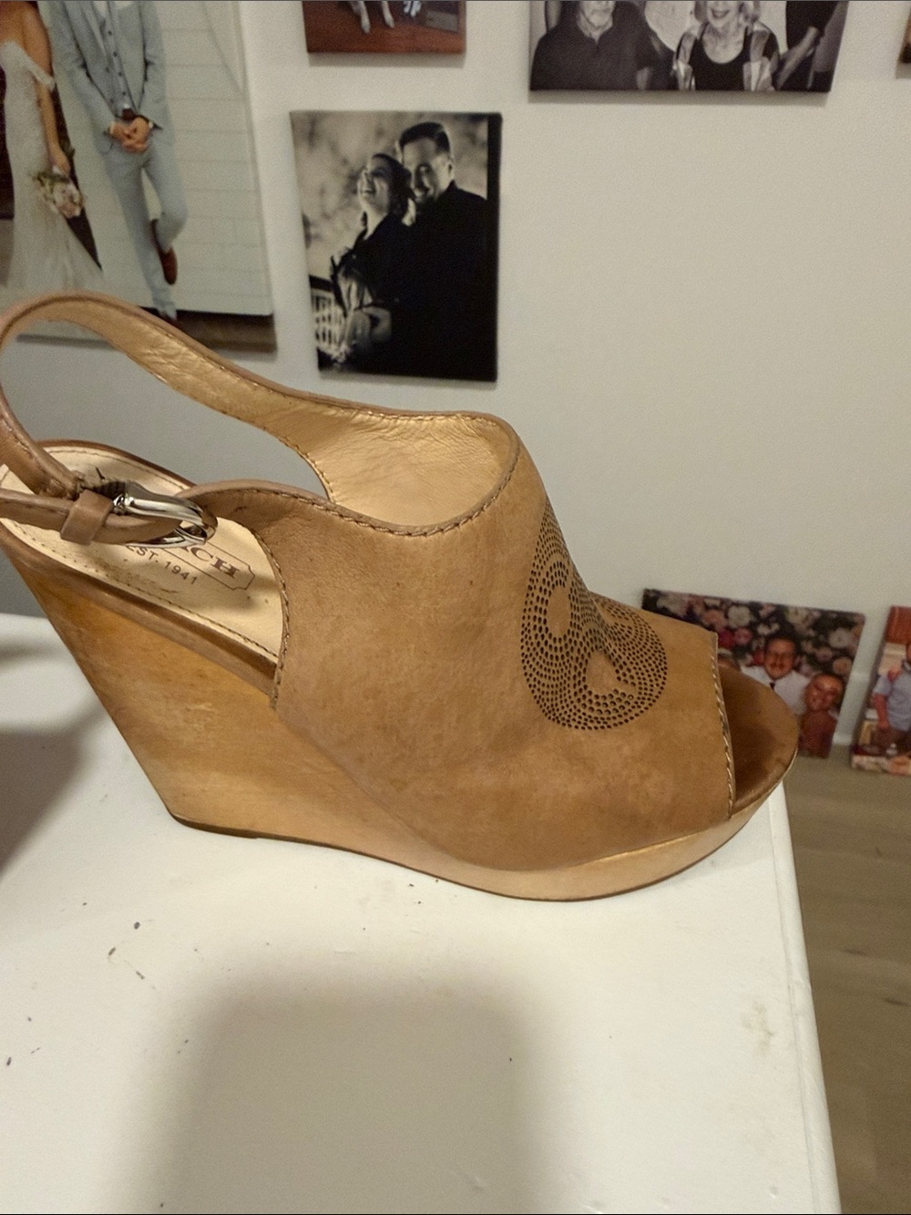 COACH Women's Tan Leather Perforated Slingback Wedge Sandals - Picture 4 of 10
